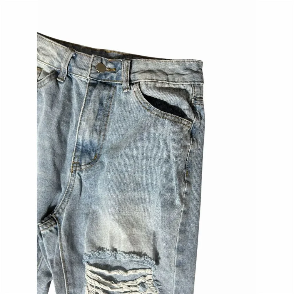 GIRLS SHEIN Petite Distressed Wide-Leg Jeans S Blue Light Wash